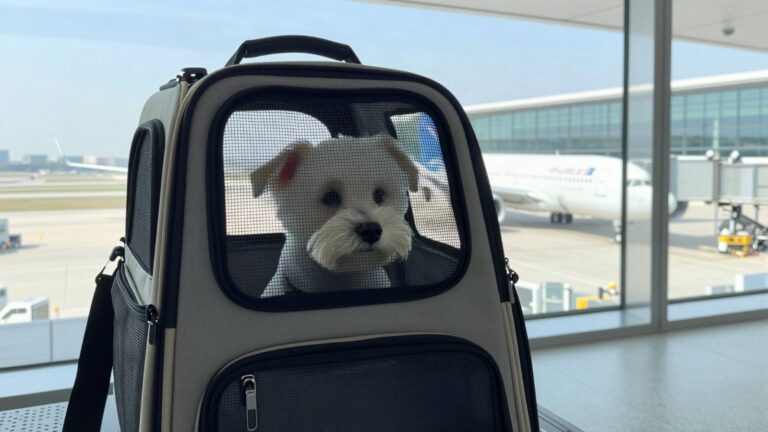 공항 창가에서 이동장 망사 창으로 밖을 보는 하얀 반려견