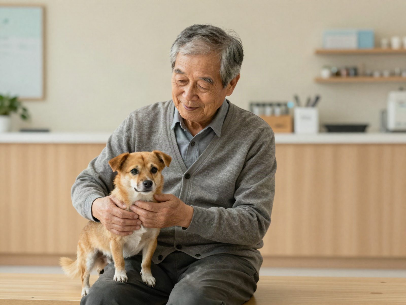 동물병원 대기실에서 강아지를 안고 있는 어르신