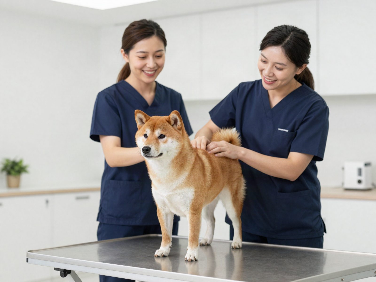 동물병원 진료대 위에서 수의사들에게 진료받는 시바견